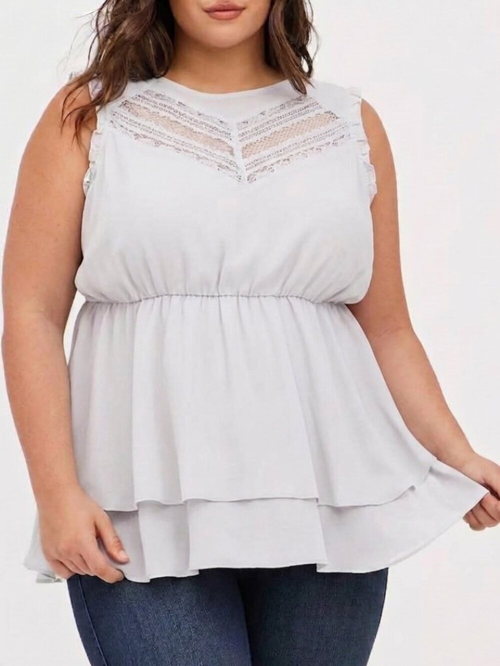 TORRID 2 Plus Size Babydoll Crinkle Chiffon Lace Inset Top Off White Light Gray
